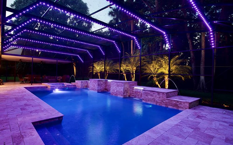 Red and Blue Pool Enclosure Lighting