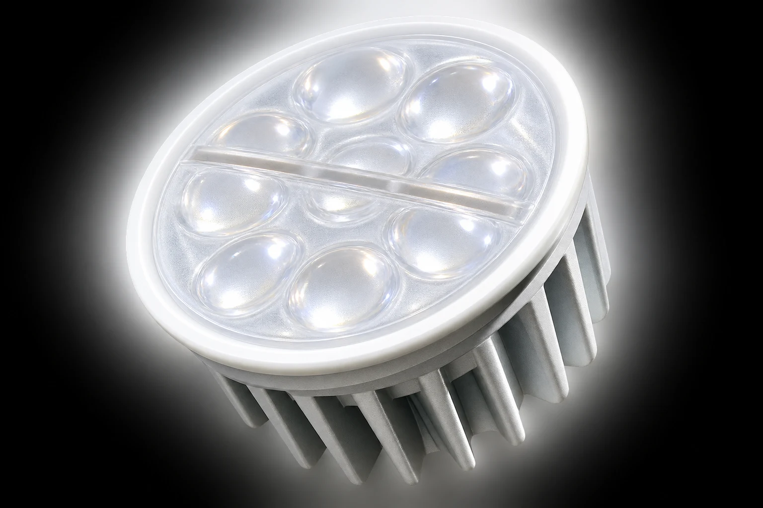 MR16 RGBW smart bulb with finned white heat sink and seven-emitter lens array