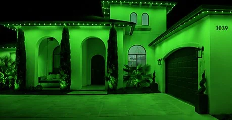 The home washed edge to edge in solid green from the roofline fixtures