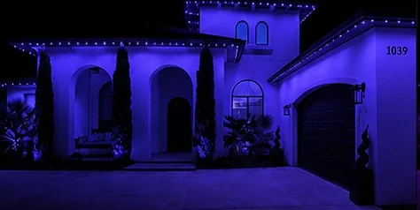 The home washed edge to edge in solid indigo from the roofline fixtures