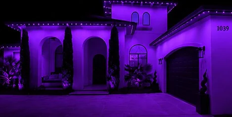 The home washed edge to edge in solid purple from the roofline fixtures