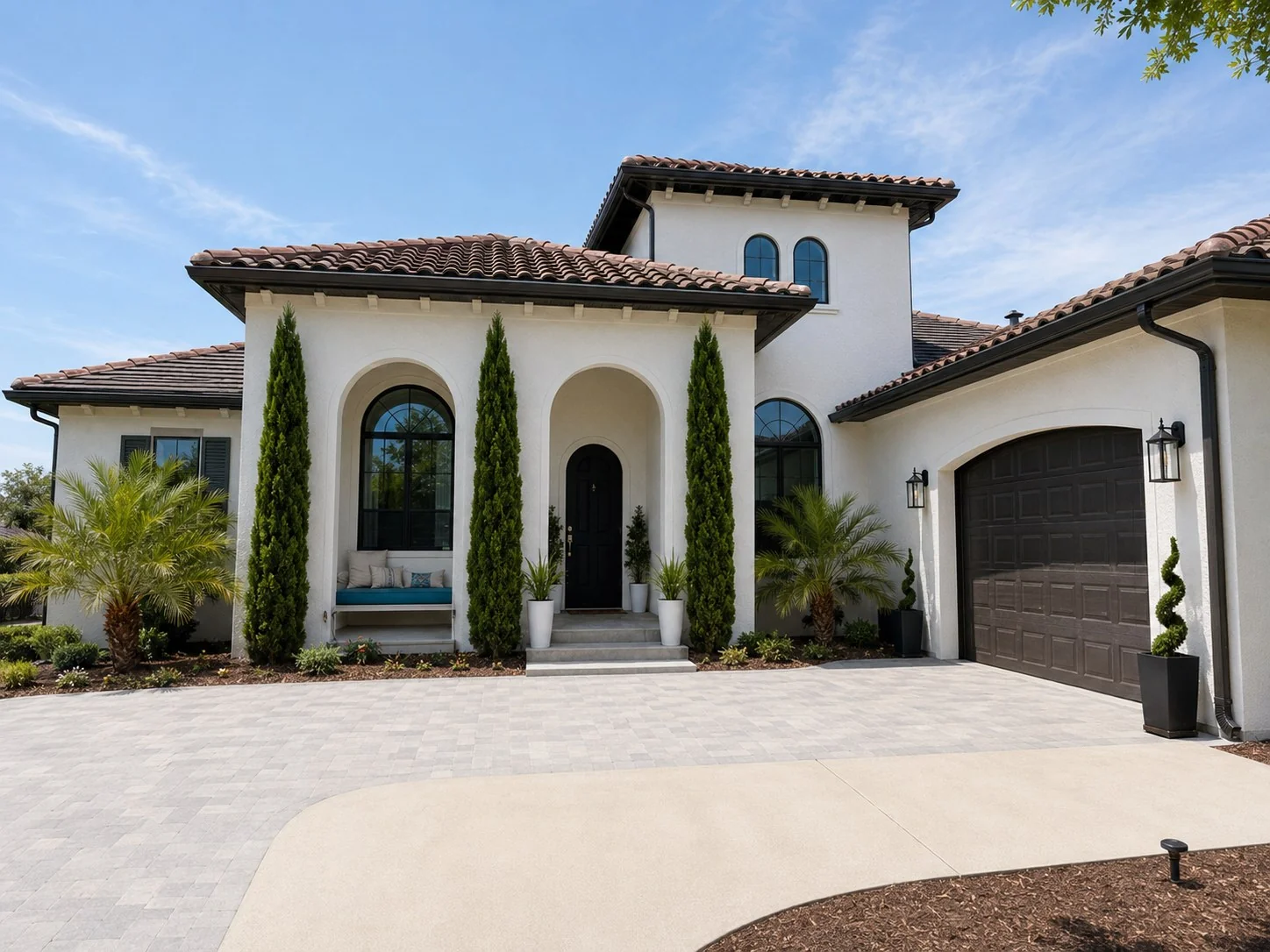 The same roofline in daylight, with the color-matched aluminum track reading as a trim line