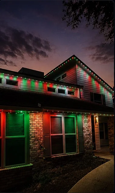 Christmas roofline lighting scene on a two-story home
