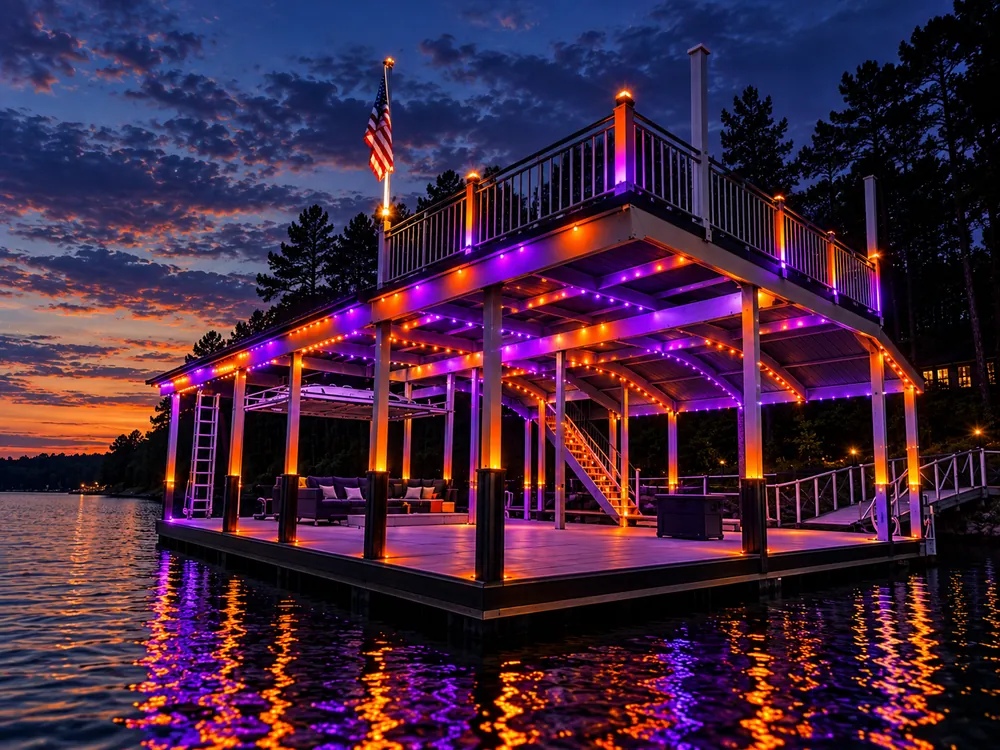 Muelle y deck de dos pisos iluminados en naranja y morado sobre el agua