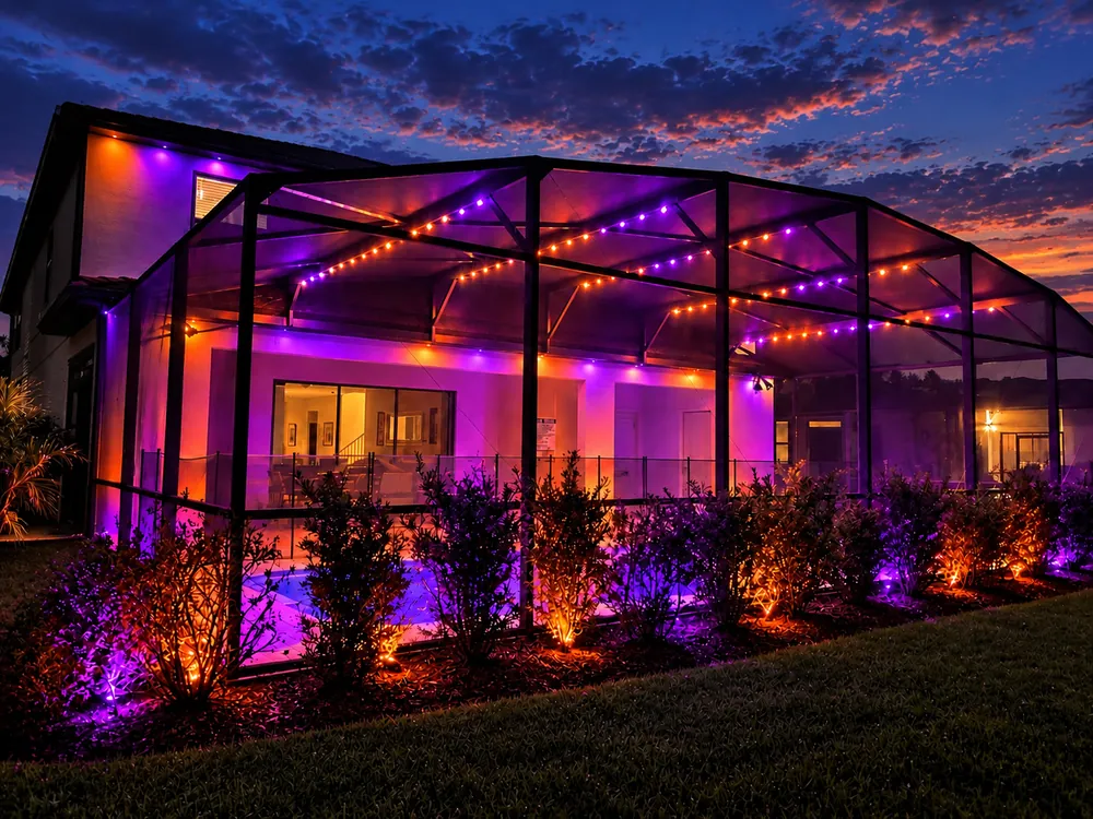Jaula de piscina iluminada en naranja y morado para Halloween
