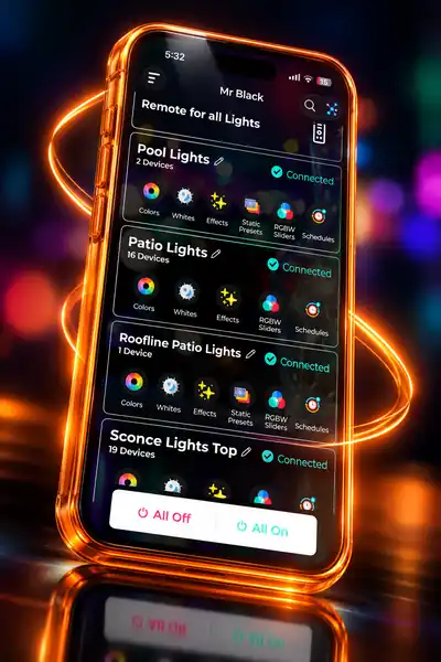 The Brighter Nights app on a phone, showing remote control of permanent roofline lights