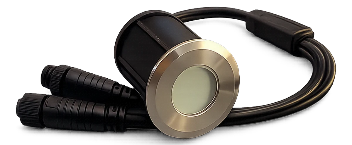 The 24V LED deck light: brushed stainless face with sealed coaxial lead-line connectors