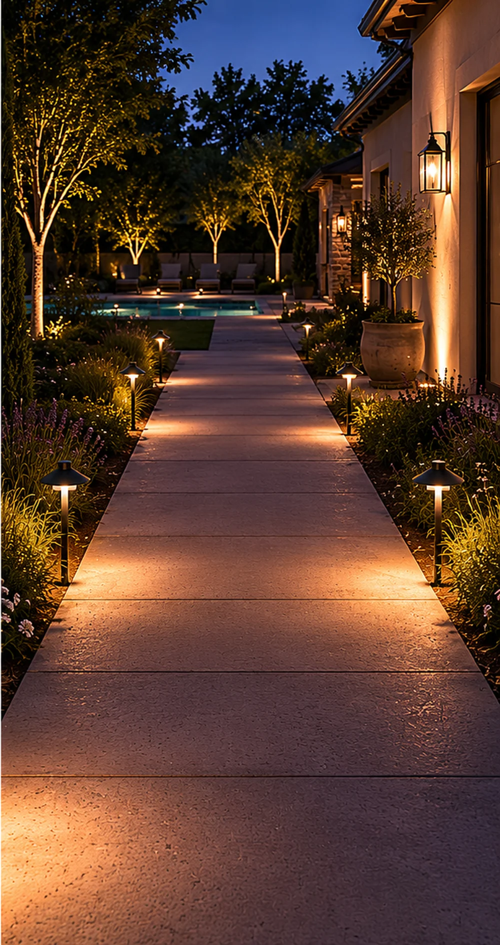 A walkway at night lit in warm white by G4 bi-pin pathway fixtures on both sides