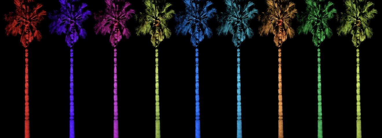 Nine palm trees photographed at night, each one lit a different color by a single Brighter Nights Lighting Technologies up light &mdash; red, violet, magenta, chartreuse, blue, cyan, amber, emerald and lime