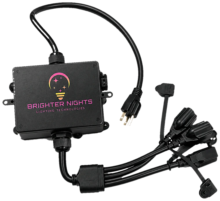 The Brighter Nights Lighting Technologies astronomical timer - a sealed black enclosure with a grounded plug and four weatherproof switched outlets