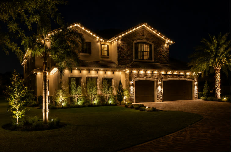 A two-storey stone-and-stucco home lit in soft warm-white roofline and landscape lighting on an ordinary evening