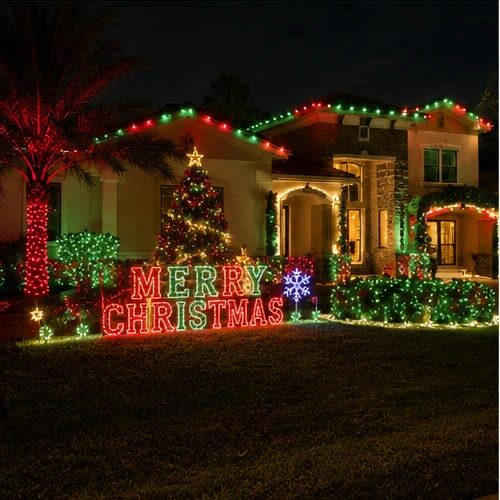 Una casa iluminada en rojo y verde para Navidad con un árbol encendido y un letrero de MERRY CHRISTMAS en el jardín