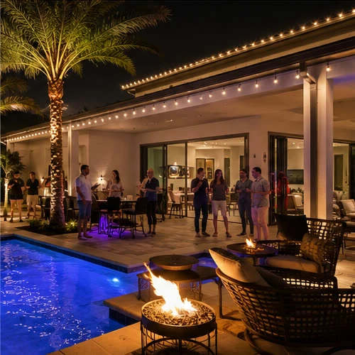 El patio, la piscina y el deck de una casa moderna iluminados en blanco cálido para una reunión con invitados