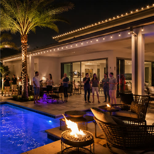 A modern home's patio, pool and deck lit warm white for an evening gathering with people over