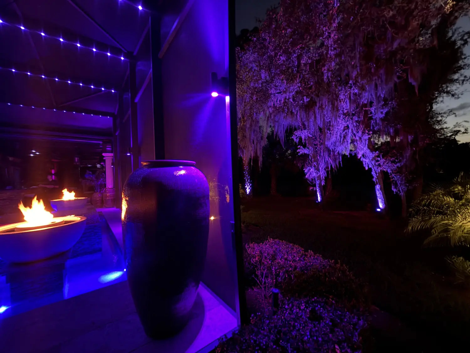 Pool enclosure sconces washing the screen wall and live oaks in deep violet at night