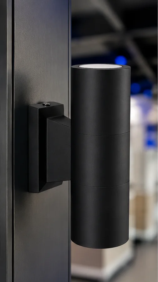 Solid brass sconce in matte black mounted on a dark enclosure post