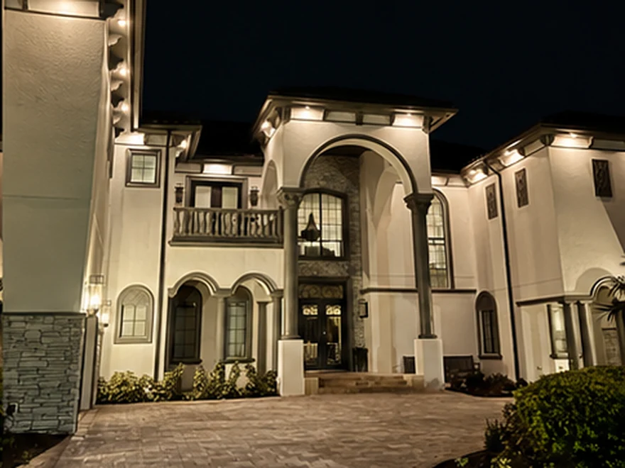 The same home at night with Brighter Nights soffit lighting at 4000K Neutral White