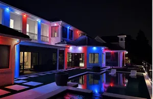 Soffit lighting in red, white, and blue for the Fourth of July