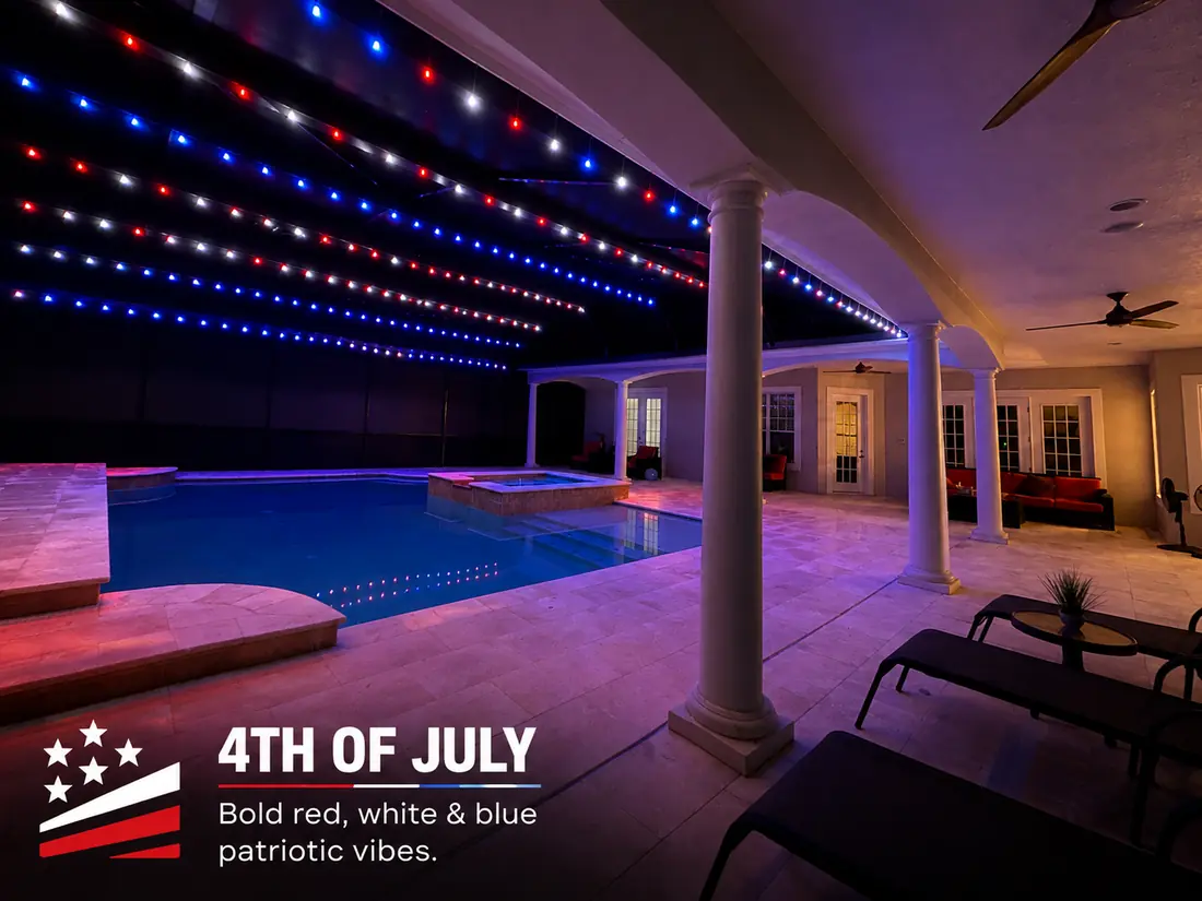 4th of July pool enclosure lighting: red, white and blue BNLT track lights over a lanai pool at night